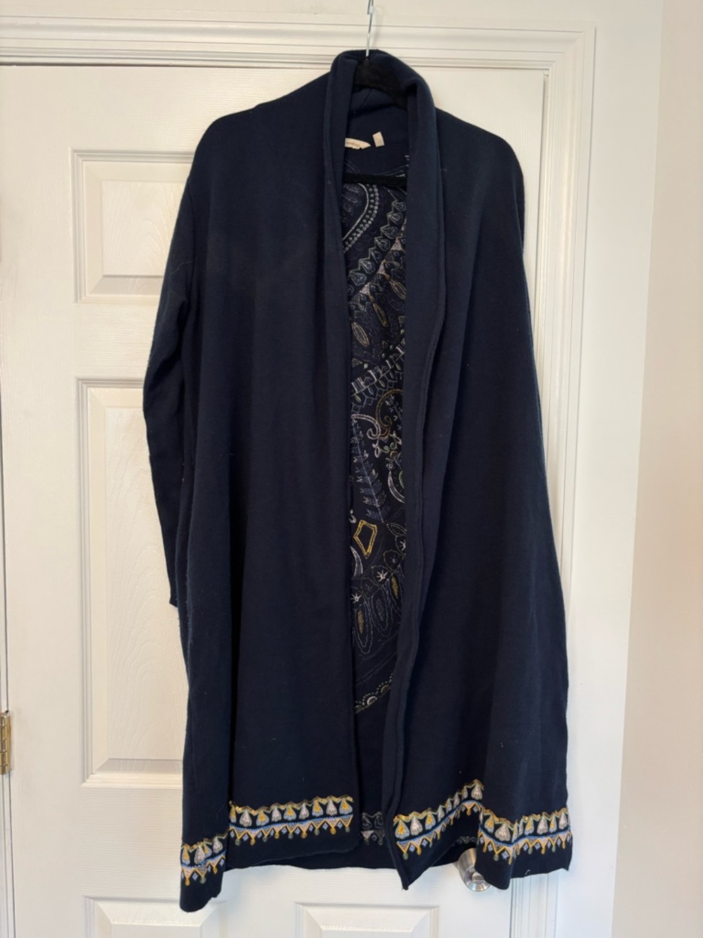 Soft Surroundings Navy Embroidered Long Duster Cardigan Sweater Size M Boho - Picture 9 of 11